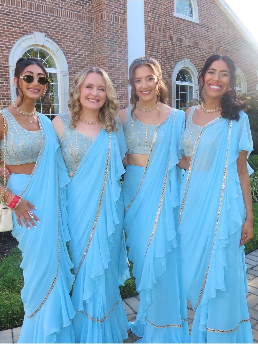 Women's Light Blue Ruffled Sari set with Gold Trim